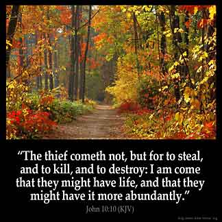 John_10-10: The thief cometh not, but for to steal, and to kill, and to destroy: I am come that they might have life, and that they might have it more abundantly.